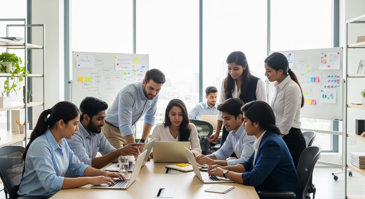 Students working together in modern internship environment